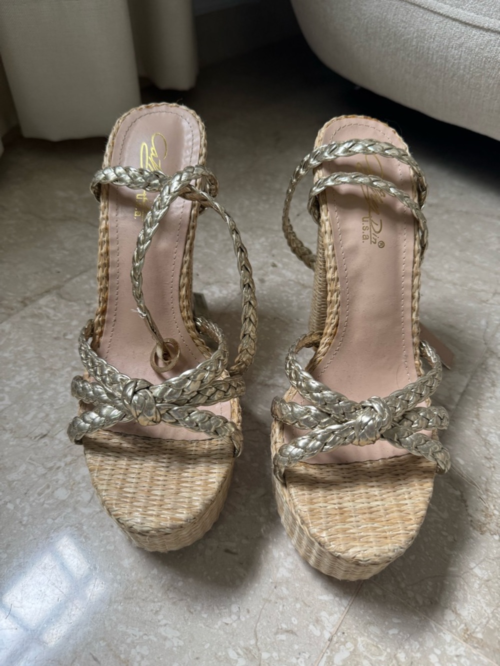 Gold Braided Strap Platform Sandals - Women